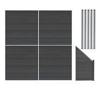 Kit Clôture Panneaux en Bois Composite Gris 4 Quadratique et 1 Incliné 185 H x 772 cm L & 5 Poteaux en Aluminium à LED Solaires Lames à Emboîter Texture Bois Reversible PVC Brise-Vue Extérieur Jardin