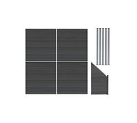 Kit Clôture Panneaux en Bois Composite Gris 4 Quadratique et 1 Incliné 185 H x 772 cm L & 5 Poteaux en Aluminium à LED Solaires Lames à Emboîter