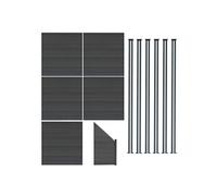 Kit Clôture Panneaux en Bois Composite Gris 5 Quadratique et 1 Incliné 185 H x 965 cm L & 6 Poteaux en Aluminium à LED Solaires Lames à Emboîter