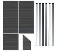 Kit Clôture Panneaux en Bois Composite Gris 5 Quadratique et 1 Incliné 185 H x 965 cm L & 6 Poteaux en Aluminium à LED Solaires Lames à Emboîter Texture Bois Reversible PVC Brise-Vue Extérieur Jardin