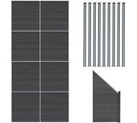 Kit Clôture Panneaux en Bois Composite Gris 8 Quadratique et 1 Incliné 185 H x 14,8 m L & 9 Poteaux en Aluminium à LED Solaires Lames à Emboîter Texture Bois Reversible PVC Brise-Vue Extérieur Jardin
