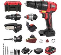 Kit Combiné Sans Fil 20V TEENO, Outil Multi-Fonctionnel Sans fil 6 en 1 Avec étui, Perceuse, Scie Sabre, Scie à Chaîne, Cef à Chocs, Outil Oscillant, Ponceuse Avec Accessoires