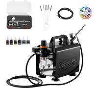 Kit complet aérographe 1/6 PS - comprend un compresseur d'air, un aérographe Dual Action avec 3 buses (0,2/0,3/0,5 mm), un tuyau, des peintures acryliques - Idéal pour la décoration de gâteaux, la pei