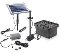 Kit complet de filtre sous-marin pour bassin, avec pompe Profi 5/160 LED, batterie LiFePo4 1,5 Ah, panneau solaire, boîtier de filtre pour bassin, embouts de gicleur et filtre en mousse (référence 101