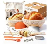 Kit Complet de Levain Naturel pour Pain Artisanal, 2 Paniers Banneton en Rotin Naturel équipés de Doublures Lin, Composé d’un Bocal de Fermentation en Verre 900 ml, Racleur à Pâte et Mélangeur à Pâte