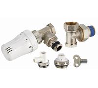 Kit complet de radiateur thermostatique comprenant 1 robinet thermostatique équerre mâle M1/2' + coude de réglage mâle M1/2' + 1 robinet de vidange à bec orientable M1/2' + 1 bouchon purgeur à bec ori