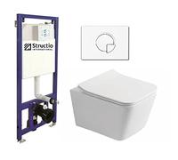 Kit complet de WC - Abattant sans bord - Abattant Soft Close - Élément de paroi encastrée - Réservoir de chasse encastré - En céramique - Blanc/noir + plaque de commande (SD 1, blanc carré)