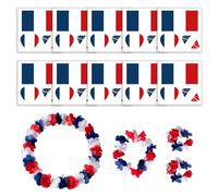 Kit complet pour supporter français 10 planches de tatouages éphémères drapeau français + ensemble de bijoux floraux (collier, bandeau, bracelet) pour événements sportifs et soirées à thème