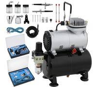 Kit compresseur pour aérographe - Sans huile, 1/5 CV - Réservoir de 3 litres - Pompe silencieuse (47 dB) - 2 pistolets à aérographe - Alimentation par gravité, buse de 0,3 mm
