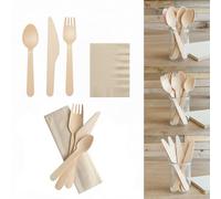Kit Couverts Bois 4 en 1 avec Serviette 33x33 - Pack de 90-30 Fourchettes, 30 Couteaux, 30 Cuillères 30 Serviettes - Idéal Pique-nique, Mariage, Fête, Événement - Écologique et Pratique