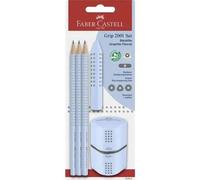 Kit Crayons - Faber-Castell - Grip 2001 - Bleu Ciel - 3 Crayons - Gomme Et Taille-Crayon