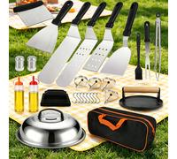 Kit d'accessoires pour plancha 29 pièces, ensemble complet d'outils pour barbecue et teppanyaki, spatules en acier inoxydable, presse à hamburgers en fonte, anneaux à œufs, avec sac de rangement et 29