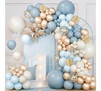 Kit d'arche de ballons bleu poussiéreux, 115 pièces, arche de ballons bleu clair, sable et blanc avec confettis dorés métallisés beiges pour garçons, anniversaire, fête prénatale, fête prénatale