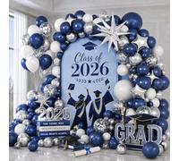 Kit d'arche de ballons bleus et argentés, bleu marine, blanc, confettis argentés métallisés, ballons en aluminium pour remise de diplôme, anniversaire, mariage, fête prénatale, l'Aïd, le Ramadan