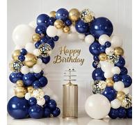 Kit d'arche de ballons bleus et dorés en latex bleu marine foncé avec guirlande de ballons chromés dorés sable blanc et confettis dorés pour mariage, anniversaire, fête prénuptiale, décoration de fête