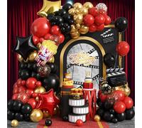Kit d'arche de ballons de nuit cinématographique, ballons à confettis rouge, noir, doré avec appareil photo, étoile et pop-corn pour anniversaire, décorations de fête sur le thème du film