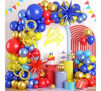 Kit d'arche de ballons rouge, bleu et jaune, 120 pièces, guirlande de ballons pour carnaval et cirque, ballons rouge métallique, bleu, doré et jaune avec ballons en aluminium en forme d'étoile pour
