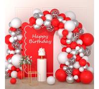 Kit d'arche de ballons rouges, blancs et argentés - Kit de guirlande de ballons rouges blancs et argentés avec ballons confettis pour anniversaire, mariage, remise de diplôme, anniversaire de mariage