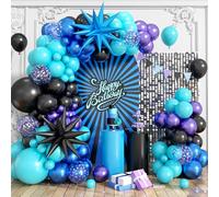 Kit d'arche de ballons Saxuxu, 120 ballons métalliques violets, bleus, noirs et vert-bleu avec grands ballons en aluminium étoilés pour décorations de fête d'anniversaire, de baby shower et de jeu