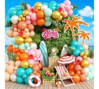 Kit d'arche de ballons tropicaux - Guirlande de 149 ballons hawaïens Luau - Rose, bleu sarcelle, orange, corail, doré métallisé - Ballons en latex pour flamant rose, plage, piscine, fête prénatale