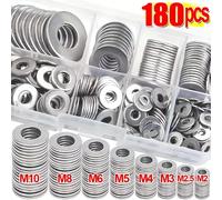 Kit d'assortiment de rondelles plates en acier inoxydable (M2, M2.5, M3, M4, M5, M6, M8, M10) - Convient pour la décoration de la maison et les réparations d'usine 180pcs box