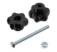 Kit de 12 boutons molettes de serrage M6 / 6 vis M6x70 mm / 6 écrous M6 | Poignées en forme d'étoile en plastique noir / plage de serrage maximale 41 mm