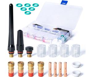 kit de 23 consommables pour pistolet de soudage TIG avec boîte de rangement - Gobelet en verre Pyrex TIG Capuchons arrière Joints toriques - Lentille de gaz Stubby Pièces d'usure pour pistolet de soud