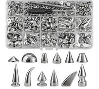Kit de 270 pointes métalliques, 12 styles de cônes argentés de 0,28 po à 1,02 po, rivets punk rock pour cuir, pour vestes, ceintures, sacs et colliers pour animaux, boîte de rangement incluse