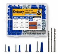Kit de 373 chevilles et vis pour mur en béton, 4 tailles assorties, 185 ancrages et 185 vis avec 3 forets à maçonnerie pour cloison sèche, brique, stuc et béton
