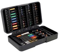 Kit de 50 pièces Bahco comprenant : embouts pour vis à tête cruciforme (Phillips/Pozidriv), embouts pour vis à six pans creux et embouts TX, ainsi que 3 forets en acier à haute vitesse (HSS). Conçu po
