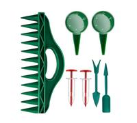 Kit de 7 outils de jardinage avec deux semis rouges, deux disques verts à 5 niveaux, une paire de petits outils et un râteau