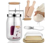 Kit de baratte à beurre manuel - Fabriqueur de beurre à manivelle en bois avec bocal en verre, parfait pour la crème fraîche, le beurre keto et l'exploitation durable (1,5 L)