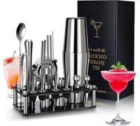 Kit de barman RVS 20 pièces avec support en acrylique et livre de recettes de cocktails - Matériel de bar professionnel pour la préparation de boissons - Set de shakers à cocktail