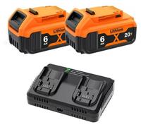Kit de batteries Li-Ion 20 V - Batterie de rechange pour outils électriques - 6,0 Ah haute capacité - compatible avec les modèles DCB200, DCB201, DCB203 et DCB205 - Lot de 2 pour chargeur à double por