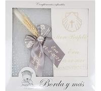 Kit de Bougie et Lange personnalisé pour Baptême - Pack de Cierge décorée pour Baptême et Mouchoir brodés avec le nom et la date du baptême - Modèle Paris (Gris)