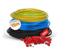 Kit de câbles de raccordement Lapp H07V-K 10 mm² I 3 fils simples de 5 mètres (noir, bleu, vert-jaune) + 100 embouts rouges I Kit de câbles de 10 mm² pour armoire de compteurs