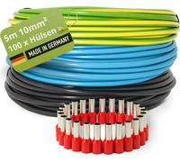 Kit de câbles de raccordement INVOLT H07V-K, 10 mm², 3x5 m, fils individuels, 100 embouts, noir/bleu/vert-jaune, VDE