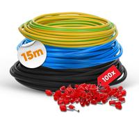 Kit de câbles de raccordement Lapp H07V-K 10 mm² I 3 fils simples de 5 mètres (noir, bleu, vert-jaune) + 100 embouts rouges I Kit de câbles de 10 mm² pour armoire de compteurs