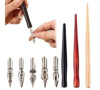 Kit de Calligraphie 8 Pièces avec 3 Porte-Plume en Bois et 5 Plumes en Acier Inoxydable, Stylo Plume Calligraphie pour Dessin Manga, Croquis et Écriture Artistique, Rouge/Noir/Naturel