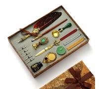 Kit de calligraphie comprenant un plume, de l'encre et des sceaux de cire - Stylo plume vintage avec 5 pointes de rechange, boîte cadeau rouge