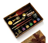 Kit de calligraphie comprenant un porte-plume, de l'encre et des sceaux en cire. Ensemble vintage de plume avec 6 encres et 18 pointes de rechange, couleur rouge