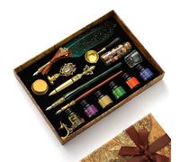 Kit de calligraphie comprenant un stylo et de l'encre, avec plume, stylo en verre et stylo en bois, 18 plumes, un tampon encreur, des perles de cire, une boîte cadeau, couleur vert