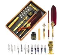 Kit de calligraphie comprenant un stylo plume, de l'encre, des sceaux de cire et 17 pointes, de couleur rouge vin