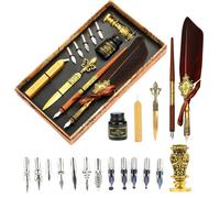 Kit de calligraphie pour débutants, adultes, comprenant : kit de cire pour sceaux, plume en bois, 17 plumes, support, sceau en cire, couleur marron