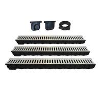 Kit de caniveaux de drainage - 3 caniveaux de 1 m - Grilles en acier galvanisé - 2 obturateurs - 1 connecteur