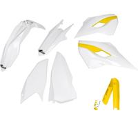 Kit de carénage UFO PLAST, 8 pièces, ensemble de carénage en plastique avec protection de fourche pour Husqvarna FE TE TX TC 125 - 450 cm³, année de fabrication 2015, couleur : blanc / jaune
