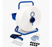 Kit de cerclage 16 mm complet avec dérouleur, tendeur, 850 m de feuillard en polyester, gants, 500 agrafes et 100 coins de protection – Kit d'emballage pour palettes, expédition et stockage