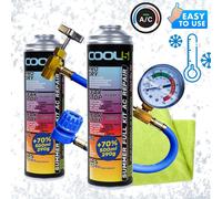 Kit de climatisation comprenant : 2 x produit réfrigérant 5-en-1, tuyau de climatisation Cool5 compatible R134a, et un chiffon en microfibre