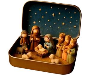 Kit de Crèche de Noël Miniature en Boîte Métallique,Décor Religieux Table | Personnages Complets, Fond Étoilé, Tapis en Feutrine, 2-en-1 Rangement et Affichage 9.5x6cm