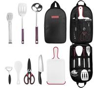 Kit de cuisine de voyage et de camping comprenant un couteau Santoku, un éplucheur, une spatule, des pinces, une cuillère, des planches à découper et un couteau à prunes - Idéal pour les pique-niques,